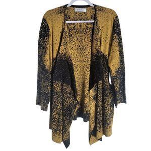 NEW Kasper Waterfall Cardigan Women's Size 2X Mustard Black Splatter 3/4 Sleeve
